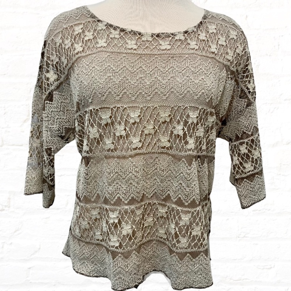 TRUE GRIT Cropped Sheer Lace Dolman Top L